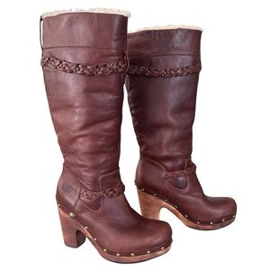 Ugg Brown Leather Savanna Shearling Lined Wood Clog  Knee High Boots Size 8